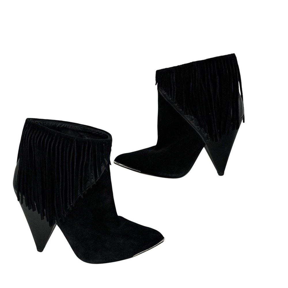 IRO Paris Xabea Fringe Ankle Boots Size 38 EU 7 US Black Leather Suede Heeled